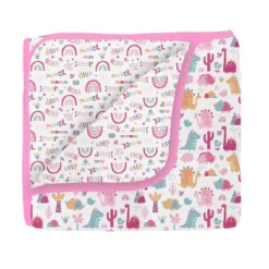 Bacati - Little Dino Girls Fuchsia/Aqua Muslin 5 Pc Crib Bedding Set With Long Crib Rail Guard Cover