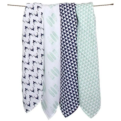 Bacati - Noah Mint/Navy Buck/Feathers/Triangles Muslin Swaddling Blankets Set Of 4 3 Bacati - Noah Mint/Navy Buck/Feathers/Triangles Muslin Swaddling Blankets Set Of 4 - Image 3