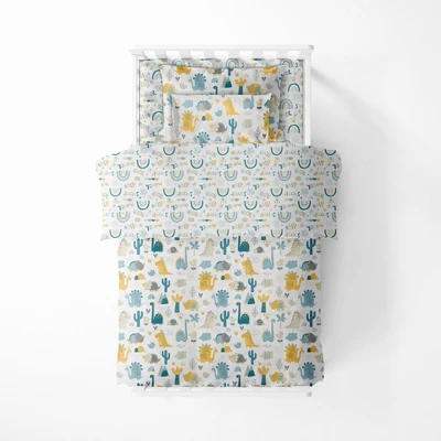 Bacati - Little Dino Boys Teal/Yellow Muslin 5 Pc Toddler Bedding Set With Dec Pillow 4 Bacati - Little Dino Boys Teal/Yellow Muslin 5 Pc Toddler Bedding Set With Dec Pillow - Image 4