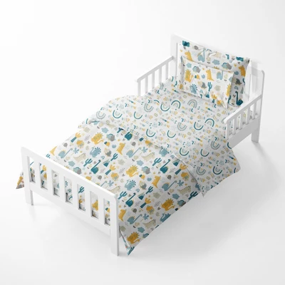 Bacati - Little Dino Boys Teal/Yellow Muslin 5 Pc Toddler Bedding Set With Dec Pillow 3 Bacati - Little Dino Boys Teal/Yellow Muslin 5 Pc Toddler Bedding Set With Dec Pillow - Image 3