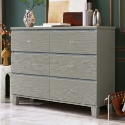 Cassio 47.3"W X 15.4"D X 35.6”H Horizontal Dressers 6 Drawers Metal Slides Crystal Handle With Rubber Wood Legs Accent Cabinet-Maison Boucle