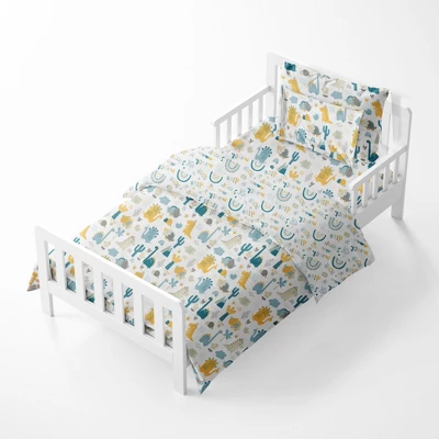 Bacati - Little Dino Boys Teal/Yellow Muslin 5 Pc Toddler Bedding Set With Dec Pillow 2 Bacati - Little Dino Boys Teal/Yellow Muslin 5 Pc Toddler Bedding Set With Dec Pillow - Image 2