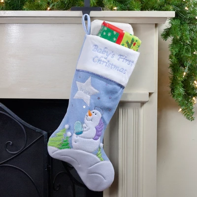 Northlight 20" Blue Babys First Christmas Velveteen Snowman Angel Christmas Stocking 1 Northlight 20" Blue Babys First Christmas Velveteen Snowman Angel Christmas Stocking