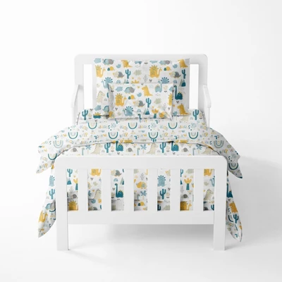 Bacati - Little Dino Boys Teal/Yellow Muslin 5 Pc Toddler Bedding Set With Dec Pillow 1 Bacati - Little Dino Boys Teal/Yellow Muslin 5 Pc Toddler Bedding Set With Dec Pillow