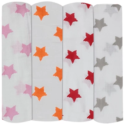 Bacati - Stars Girls Swaddling Muslin Blankets Of 4 (Pink, Orange,Red,Gray) 3 Bacati - Stars Girls Swaddling Muslin Blankets Of 4 (Pink, Orange,Red,Gray) - Image 3
