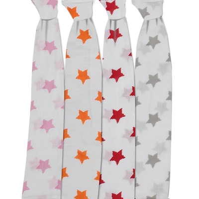 Bacati - Stars Girls Swaddling Muslin Blankets Of 4 (Pink, Orange,Red,Gray) 2 Bacati - Stars Girls Swaddling Muslin Blankets Of 4 (Pink, Orange,Red,Gray) - Image 2