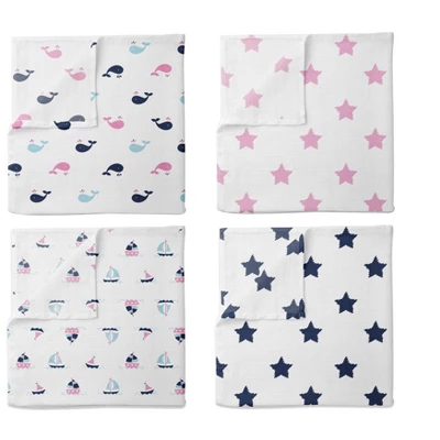 Bacati - Little Sailor Blue/Navy/Pink Girls Muslin Swaddling Blankets Set Of 4 1 Bacati - Little Sailor Blue/Navy/Pink Girls Muslin Swaddling Blankets Set Of 4