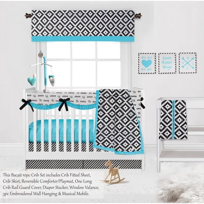 Bacati - Love Aztec Print Black Turquoise 10 Pc Crib Bedding Set With Long Rail Guard Cover 4 Bacati - Love Aztec Print Black Turquoise 10 Pc Crib Bedding Set With Long Rail Guard Cover - Image 4