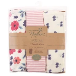 Touched By Nature Baby Girl Organic Cotton Swaddle Wraps, Garden Floral, 0-3 Months
