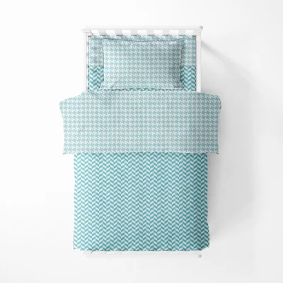 Bacati - Houndstooth/Herringbone Aqua Unisex Muslin 4 Pc Toddler Bedding Set 2 Bacati - Houndstooth/Herringbone Aqua Unisex Muslin 4 Pc Toddler Bedding Set - Image 2