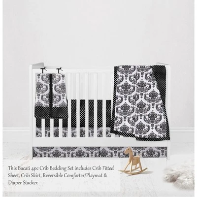 Bacati - Classic Damask Black/Grey/White 4 Pc Crib Bedding Set With Diaper Caddy 2 Bacati - Classic Damask Black/Grey/White 4 Pc Crib Bedding Set With Diaper Caddy - Image 2